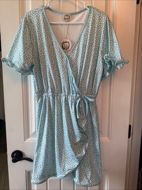 Light Blue Polka Dot Wrap Swim Coverup with Tie Waist